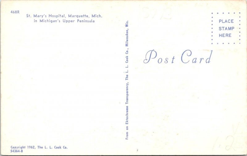 Marquette, MI Michigan  ST MARY'S HOSPITAL  1962 Medical Center Postcard