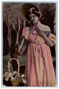 Pretty Woman Postcard With Flowers In Basket c1910's Posted Antique