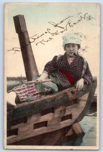 1911 Japanese Girl On Boat Japan Shanghai Posted Antique Postcard