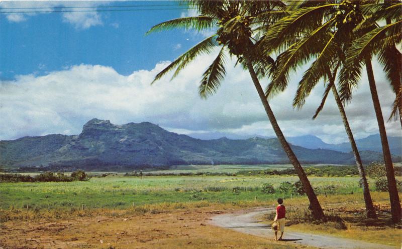 Kapaa Kauai Hawaii~Sleeping Giant~Lady on Walkway~1950s Postcard