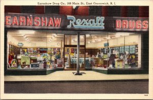 Linen Postcard Earnshaw Drug Co 168 Main Street in East Greenwich, Rhode Island