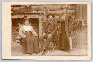 Happy Hollow Hot Springs AR RPPC Ladies Man Vacancy Chair Fireplace Postcard V21