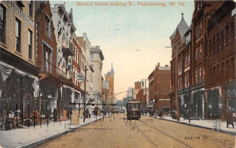 E15/ Parkersburg West Virginia WV Postcard 1910 Market Street Stores Trolley