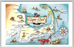 Map Of Cape Cod, Massachusetts, Vintage Chrome Postcard #1