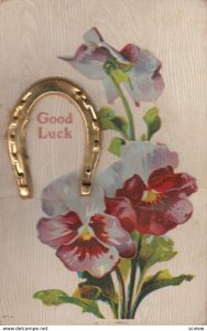 Pansy Flowers & Metalic Horseshoe Good Luck Greetings , 1910