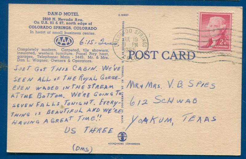 Dan-D Motel Colorado Springs CO linen postcard postmarked 1955