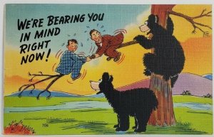 Greetings We're BEARING with You in Mind Bears Men in Tree Postcard R9