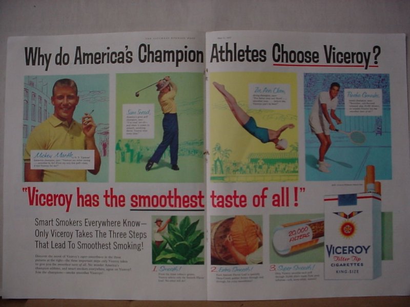 1957 Viceroy Cigarettes Mickey Mantle Sam Snead Pancho Gonzalez Print Ad 10254