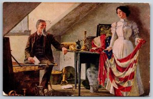 Patriotic~Flag Held By Lady In Attic Brings Back Memories For Civil War Vet~1910