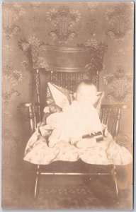 Infant Baby Child Photograph White Dress Metal Chair Christening RPPC Postcard