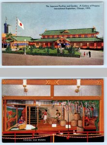 2 Postcard CHICAGO, IL~ Century of Progress JAPANESE PAVILION Feeding Silk Worms
