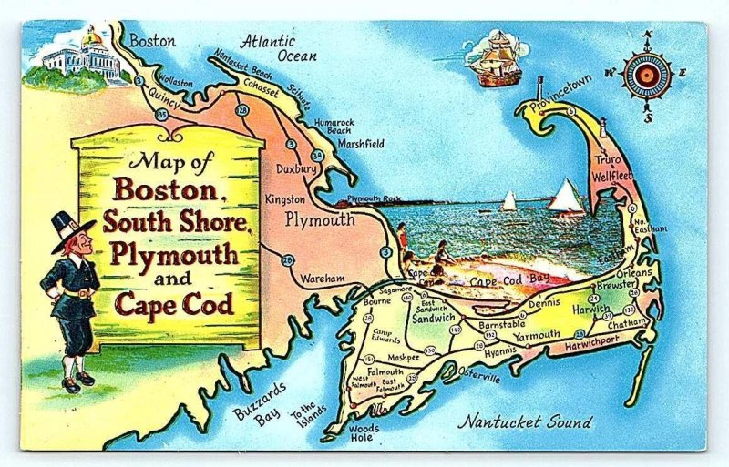 CAPE COD, MA Massachusetts ~ Colorful PICTORIAL MAP of TOWNS c1950s Postcard