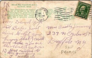 VTG Postcard Belle Isle Pleasure Boat Detroit Michigan 1913 Buffalo New York 167