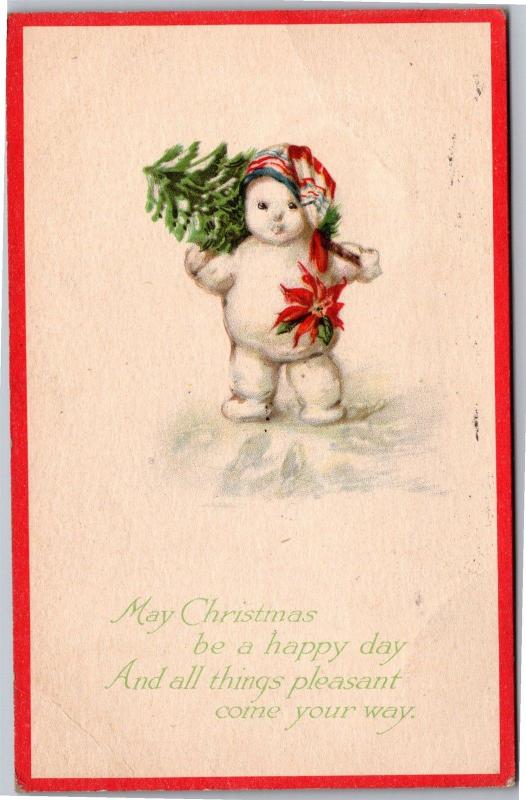 Snowman Snow Baby Carrying Christmas Tree Stocking Cap c1915 Vtg Postcard M10