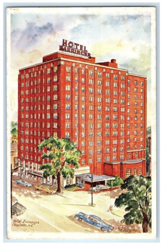 Hotel Barringer Building Street View Cars Charlotte North Carolina NC Postcard