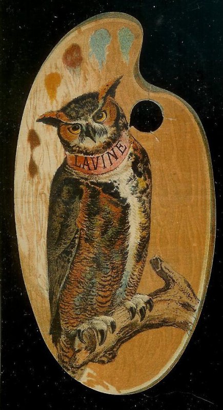 VICTORIAN TRADE CARD Lavine Soap Die Cut Paint Palette of Owl on Branch