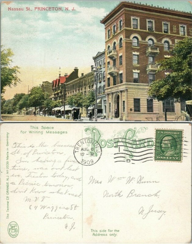 ANTIQUE 1909 POSTCARD NASSAU STREET PRINCETON N.J.