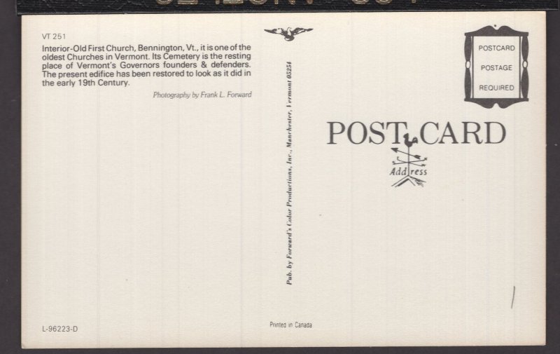 Vermont, Bennington, Interior of Old First Church ~ Chrome