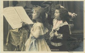 Postcard children costume smile flower dress portrait coiffure musique piano