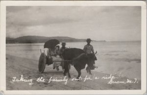 RPPC Guam Ox Cart Beach Family Ride Umbrella c1930s photo postcard G733 