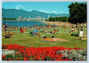 Vancouver BC Canada Postcard Kitsilano Beach & English Bay Skyline View Flowers
