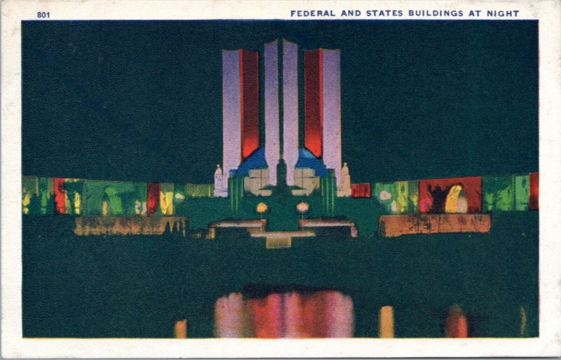 Postcard IL Chicago World's Fair - Federal and States Buildings at Night