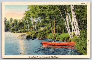 Frankfort Michigan~Greetings~Rowboat On Tree Lined Shore~1938 Linen Postcard