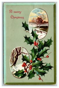 Vintage 1900's Christmas Postcard Embossed Mistletoe Holly Berries Winter Scenes