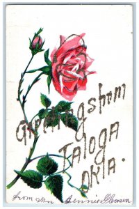 c1905 Greetings From Taloga Oklahoma OK, Pink Rose Glitter Antique Postcard