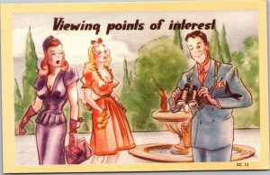 Postcard Comic Viewing points of interest man with binculars and sexy women