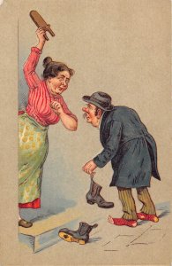L058 Couple fighting caricature comic humor embossed vintage postcard
