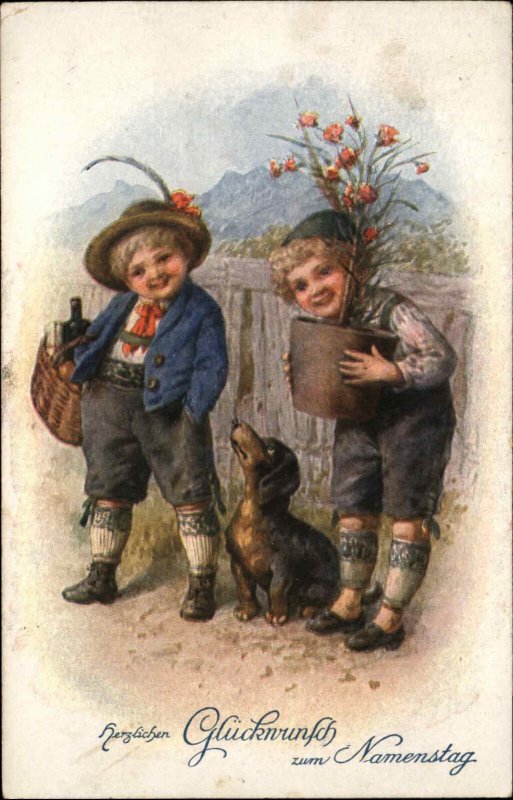 Cute Austrian Kids & Dachshund Dog Birthday c1915 Postcard