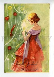 423120 CHRISTMAS Charming Girl near Tree Old Finland postcard