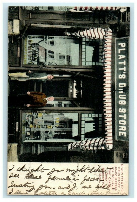 1910 GW. Platt & Son Drug Store, Great Barrington Massachusetts MA Postcard