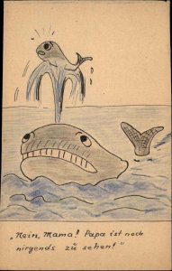 Handmade Whales Comic Mother & Baby c1920s Postcard