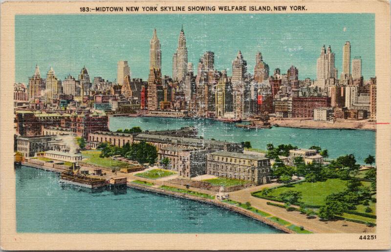 Midtown New York Welfare Island NY Unused Linen Postcard F2