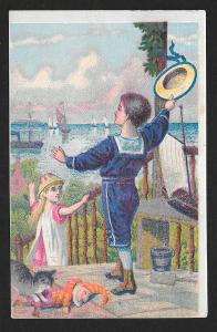 VICTORIAN TRADE CARD Champerico Coffee Boy in Sailor Outfit Waving at Boats