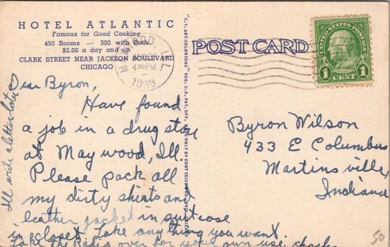 Lobby Hotel Atlantic Chicago IL Postcard PC480