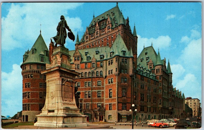 VINTAGE POSTCARD CHATEAU-FRONTENAC AND CHAMPLAIN MONUMENT AT QUEBEC CITY CANADA