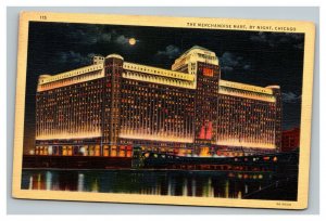 Vintage 1940's Postcard The Merchandise Mart Riverwalk by Night Chicago Illinois