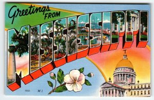 Greetings From Mississippi Large Big Letter Linen Postcard Unused Colourpicture