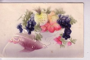 Silk-screened Fruit, Pineapple, Grapes, in Bowl, Embossed,  Vintage,