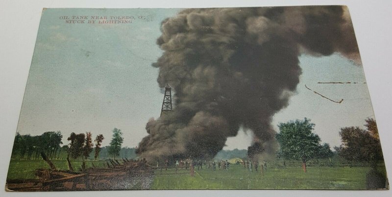 Oil Tanker Lightning Toledo Ohio Vintage Postcard 