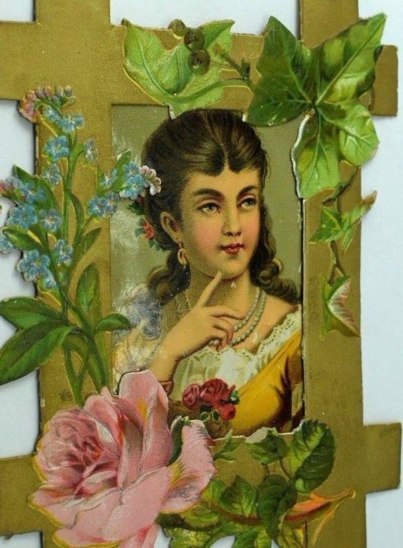 Victorian Trade Card In Die-Cut Frame Lovely Lady Yellow Dress CT220 