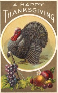 Vintage Postcard A Happy Thanksgiving Greetings Card Big Turkey Grapes Fruits