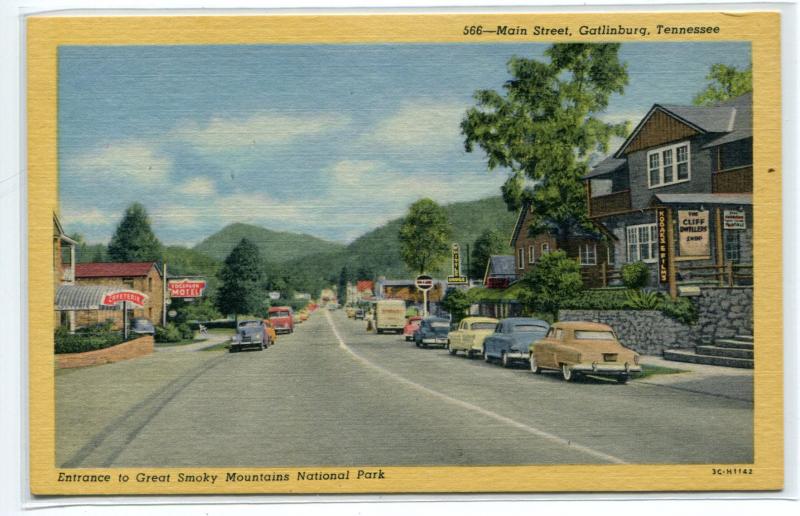 Main Street Cars Gatlinburg Tennessee linen postcard