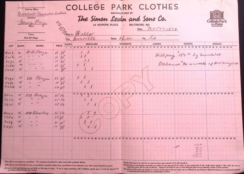 1937 SIMON LEVIN AND SONS CO COLLEGE PARK CLOTHES LARGE BILLHEAD INVOICE Z431