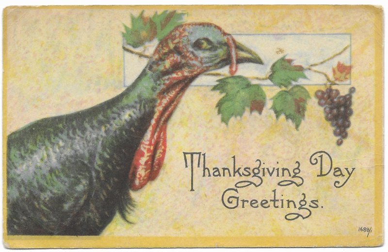 US Thanksgiving Day Greetings, Indiana. penny post card 1916.
