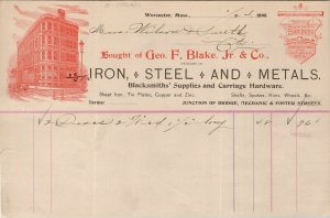 Worcester Mass GEORGE F BLAKE Jr IRON STEEL METAL 1898 Illustrated Billhead BH36