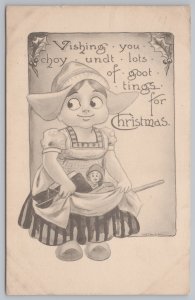 Holiday~Christmas~Dutch Girl with Apron Full of Toys~Vintage Postcard